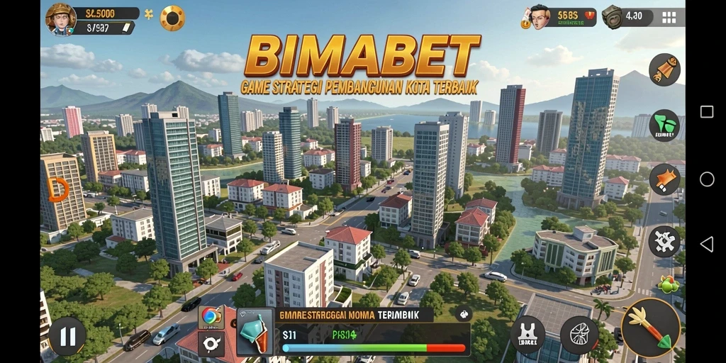 Tampilan screenshot gameplay <strong>BIMABET</strong> yang menunjukkan kota yang berkembang.