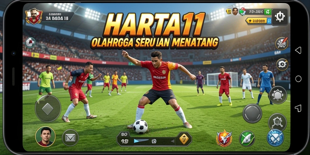 Screenshot utama menampilkan aksi seru dalam HARTA11 dengan gameplay olahraga yang realistis.