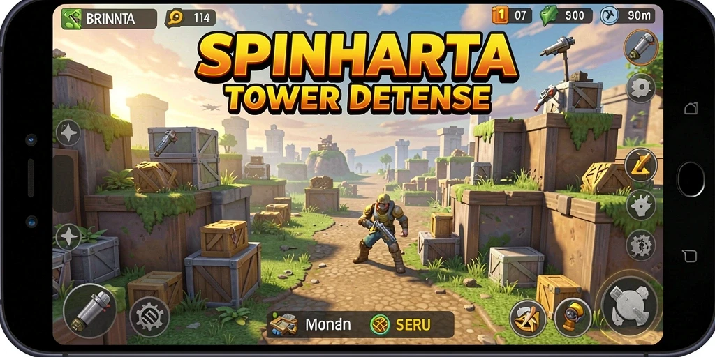Tangkapan layar gameplay SPINHARTA menampilkan menara strategis melawan gelombang musuh.