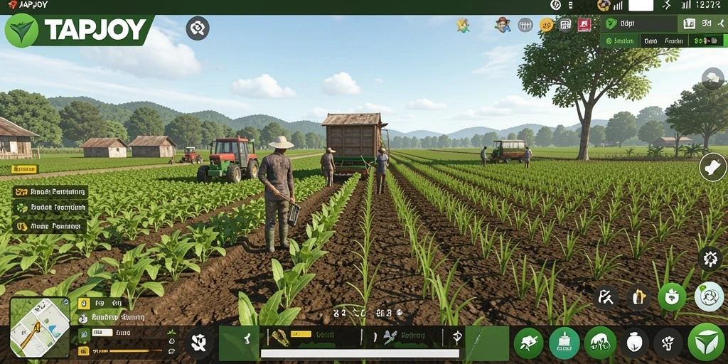 Gameplay TAPJOY menampilkan pertanian yang memukau dan interaktif.